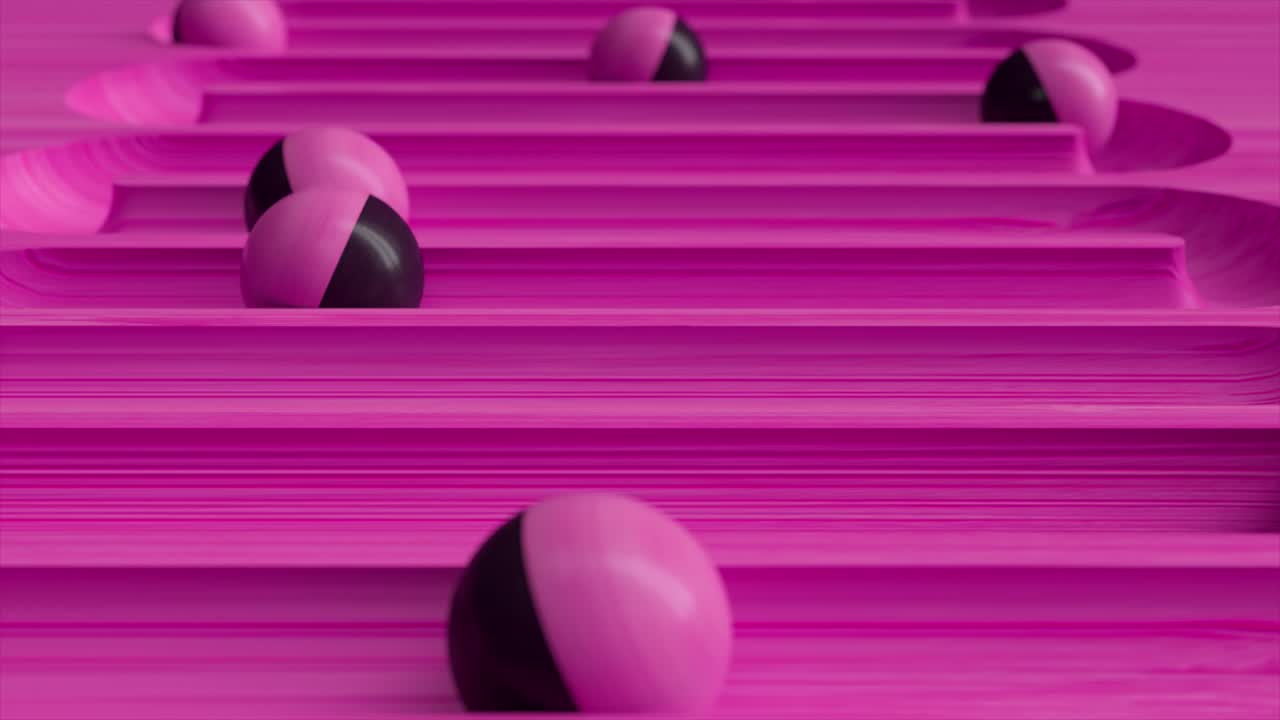 Bright colorful background with rolling balls along the paths. Plastic ball rolling in geometry deepening. 3d animation of a seamless loop