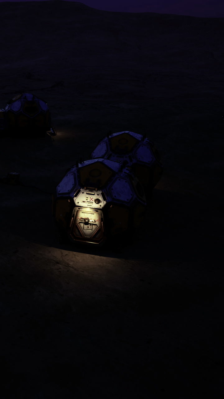 Mysterious glowing structures illuminate a dark alien landscape at night