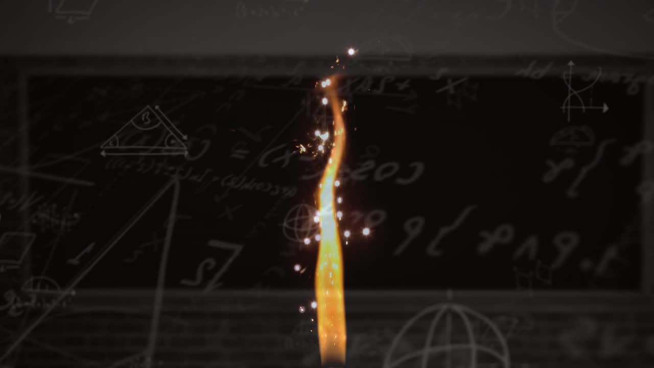 Animazione di fiamma ardente su equazioni matematiche e diagrammi su sfondo nero.
