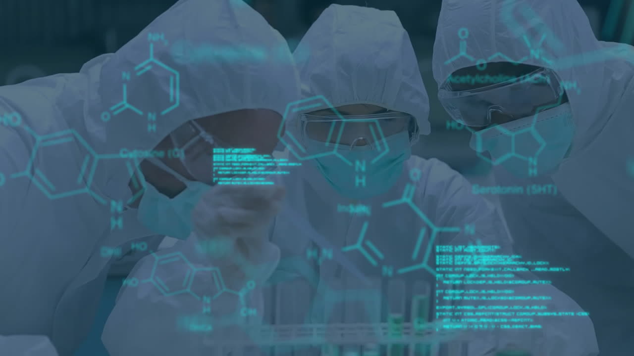 animación del procesamiento de datos científicos sobre diversos científicos en el laboratorio