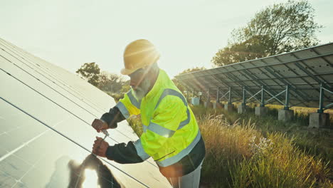 Panel-Solar,-Mantenimiento-Y-Hombre-Con-Construcción.