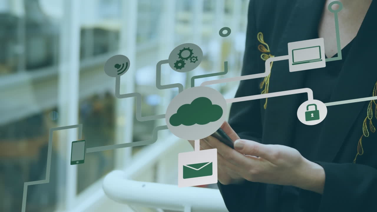 スマートフォンを使用する白人女性に関するアイコンとの接続ネットワークのアニメーション