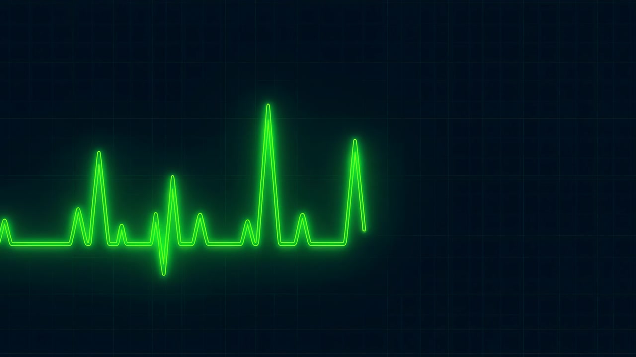 Onda ECG verde su monitor scuro, traccia al neon su sfondo a griglia, ritmo cardiaco pulsante con picchi netti