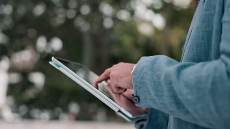 business, outdoor and hands with a tablet