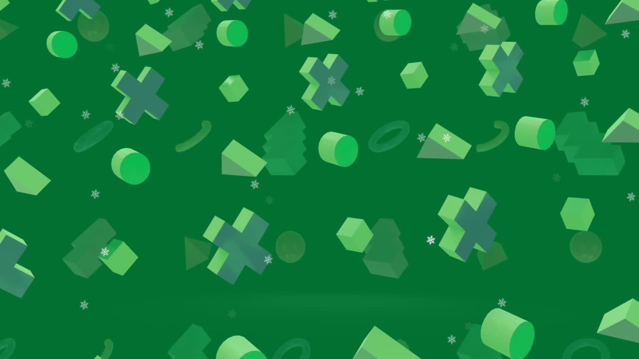 una animación digital de múltiples copos de nieve brillantes que caen contra un fondo negro.