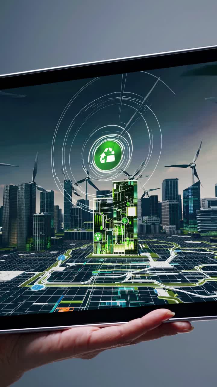 Hand Holding Tablet Displaying Smart Green City with Renewable Energy