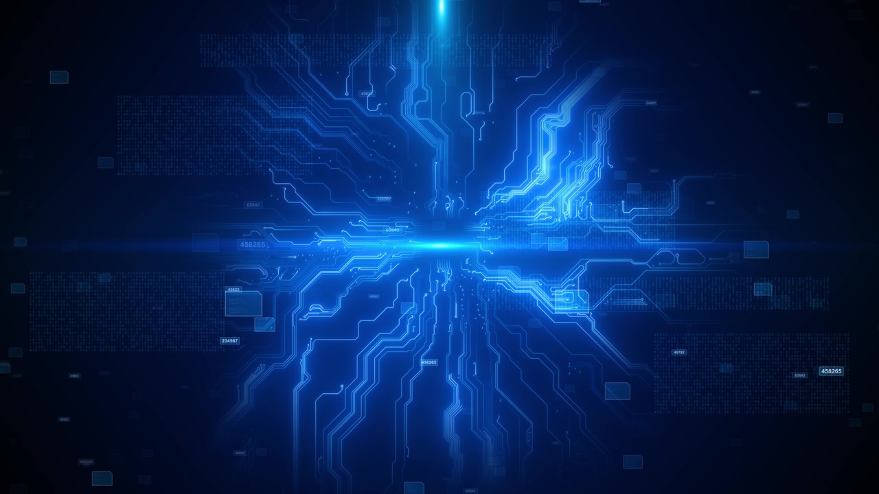 Sfondo tecnologico a circuito blu, percorsi elettronici luminosi, bagliore di luce, pannelli dati, scheda digitale.