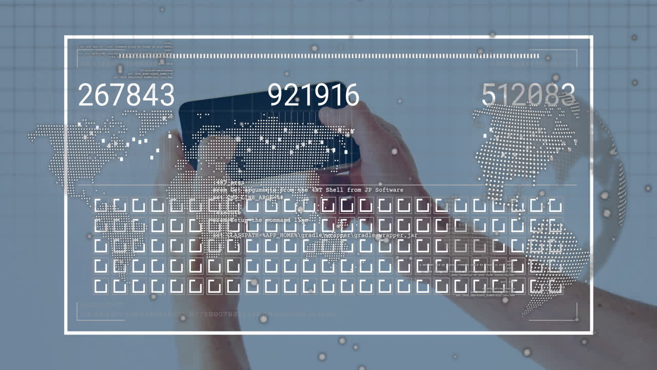 Hands holding smartphone with digital data and world map overlay animation