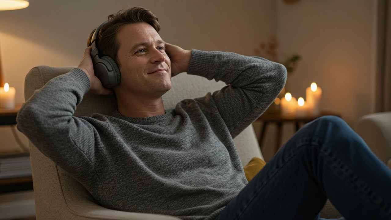 Relaxed Man Enjoying Music with Headphones in Cozy Atmosphere, Captured in a Peaceful Indoor Setting Surrounded by Soft Lighting and Flaming Candles