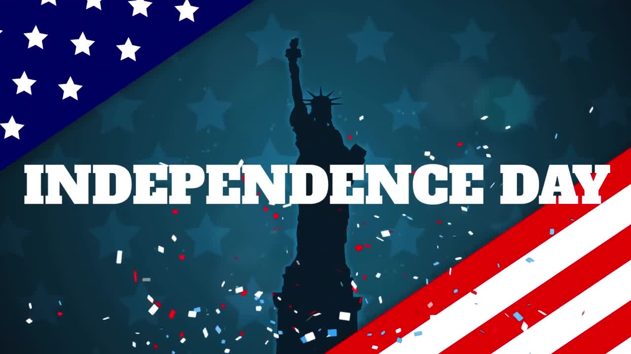 Animation of independence day text over falling confetti, flag of america against statue of liberty