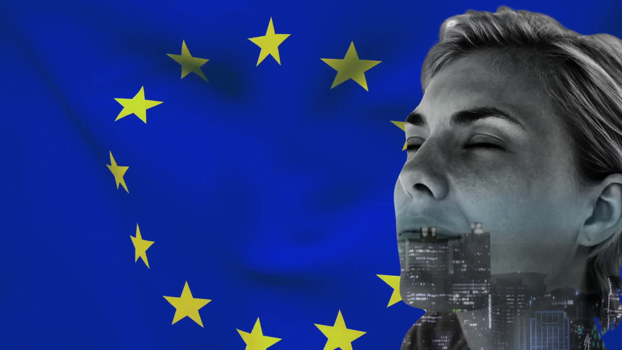 유럽 연합의 발 위에 도시 풍경을 가진 백인 여성의 애니메이션