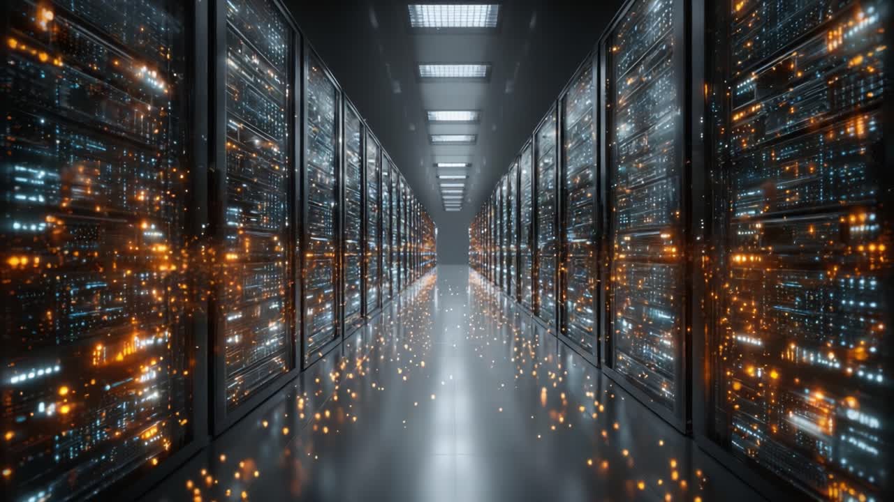 A Glimpse Into the Heart of Data: Illuminated Server Racks in a High-Tech Data Center, Showcasing Cutting-Edge Technology and Digital Connectivity
