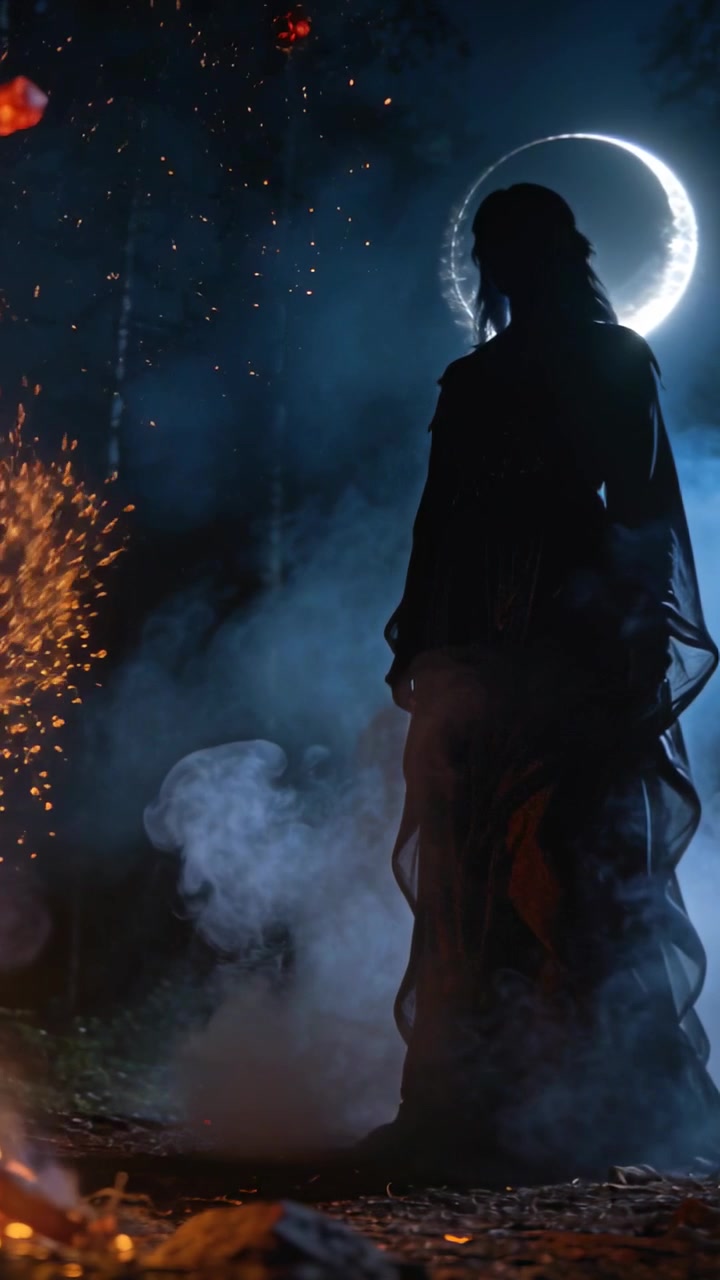Video verticale: Donna in veste in piedi che osserva scintille di fuoco e fumo salire in una radura, con un alone lunare.