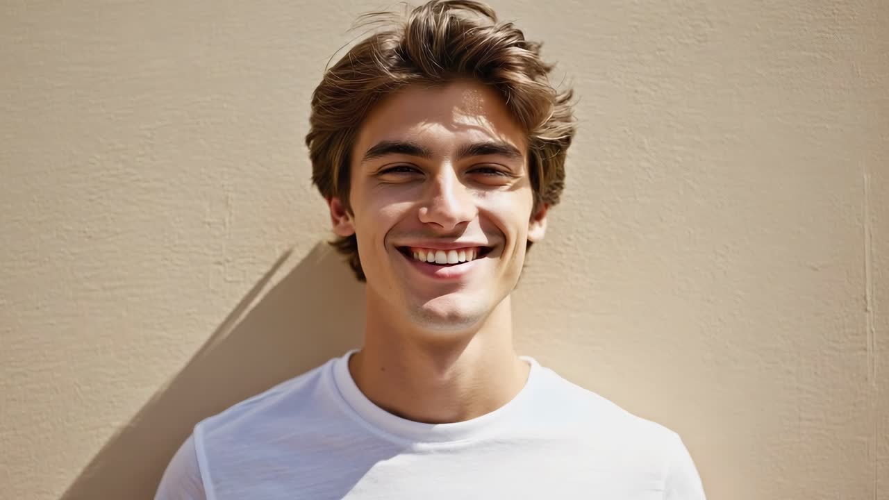 Young man with brown hair wearing white t shirt smiling confidently against neutral beige background, radiating positive energy through genuine, cheerful facial expressions
