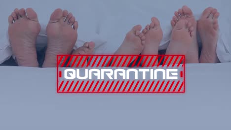 animation of the word quarantine written with red striped over caucasian feet