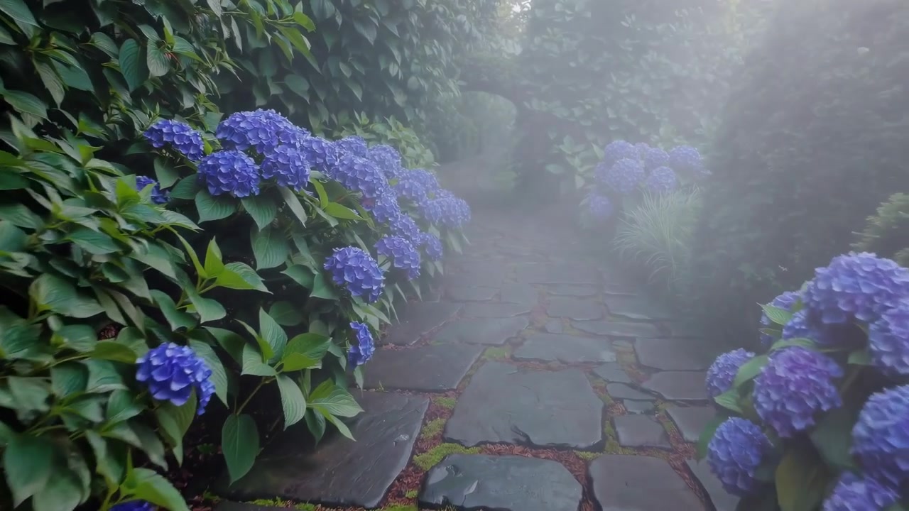 Stone Path Through Misty Garden With Blooming Blue Hydrangeas