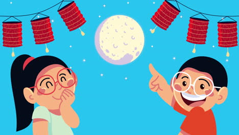 mid autumn animation with kids and moon