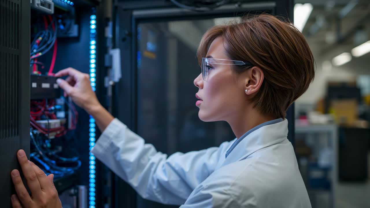 Blinking LED alerting tech in lab coat adjusting server rack cables and modules restoring network
