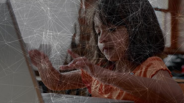 Animation of data processing over caucasian girl using laptop