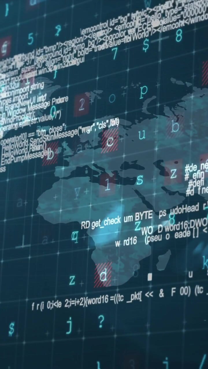 Displaying world map with digital code and cybersecurity data animation