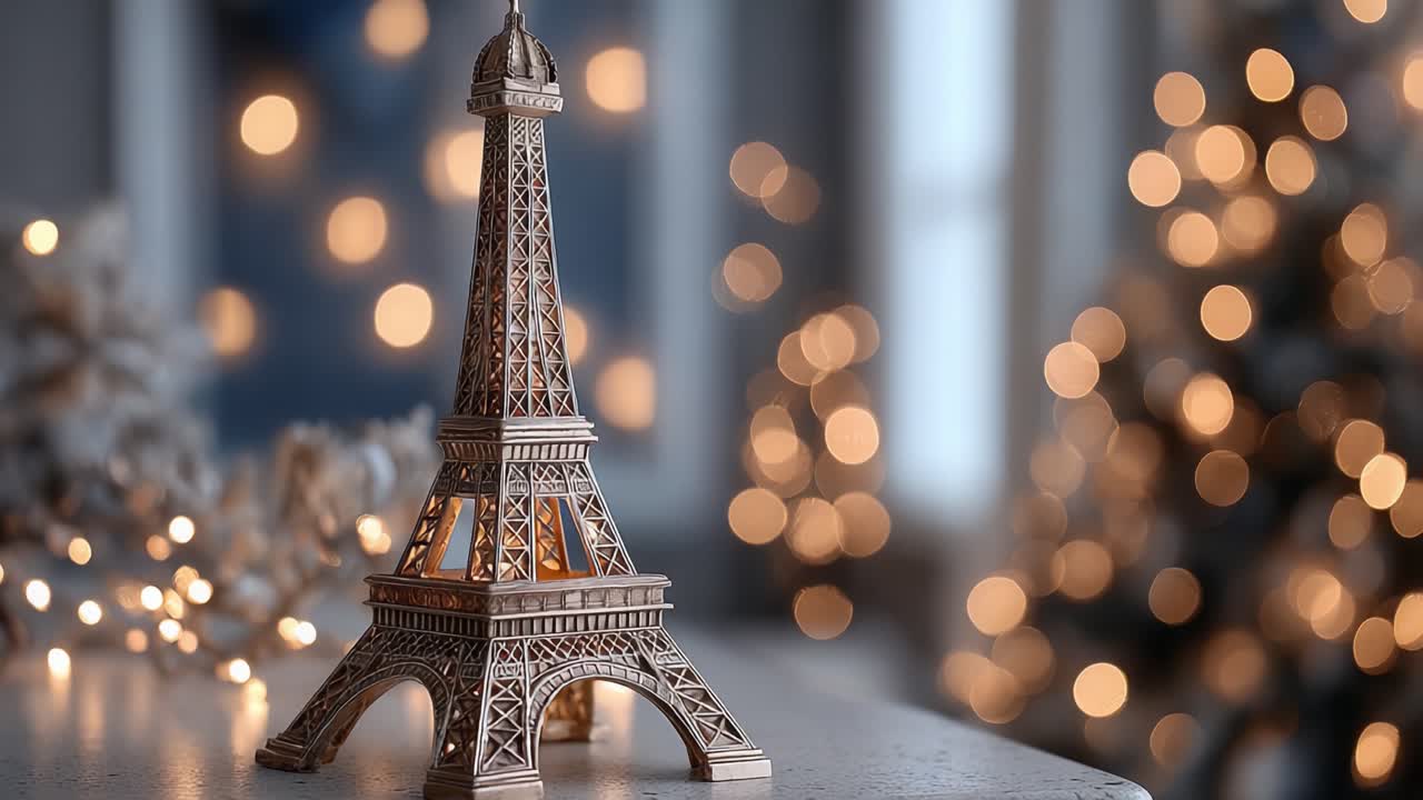 Un affascinante modello in legno della Torre Eiffel adornato con luci calde e brillanti, ambientato su uno sfondo accogliente pieno di bokeh festivo che esalta l'atmosfera della stanza.