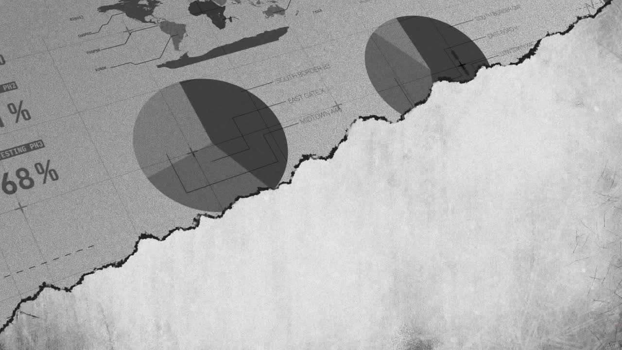 디지털 인터페이스 처리 통계 및 정보와 함께 더러운 회색 깨진 화면의 애니메이션.