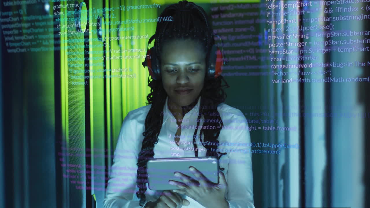 Animation of digital data processing over afrcian american it female engineer by computer servers