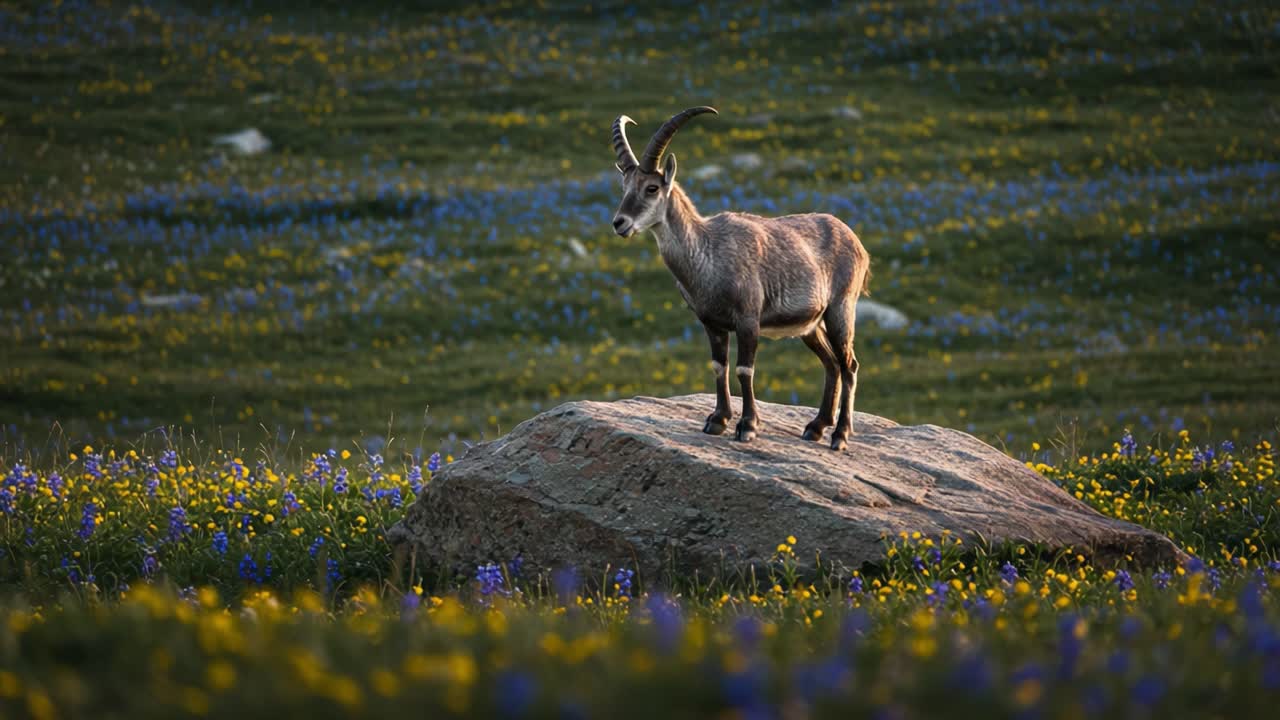 A Majestic Wild Goat Serenely Standing on a Rock Surrounded by Beautiful Lush Wildflowers and a Vibrant Landscape in the Early Morning Light