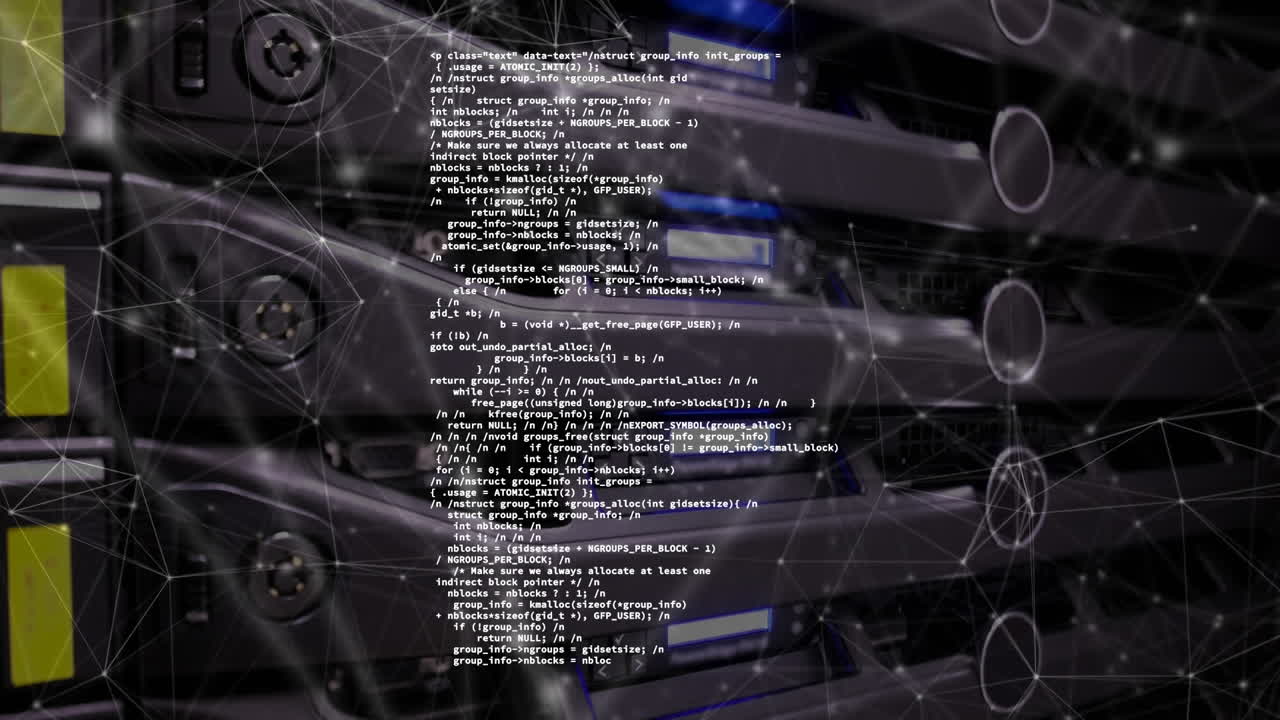 Animation of network of connections and data processing over server room