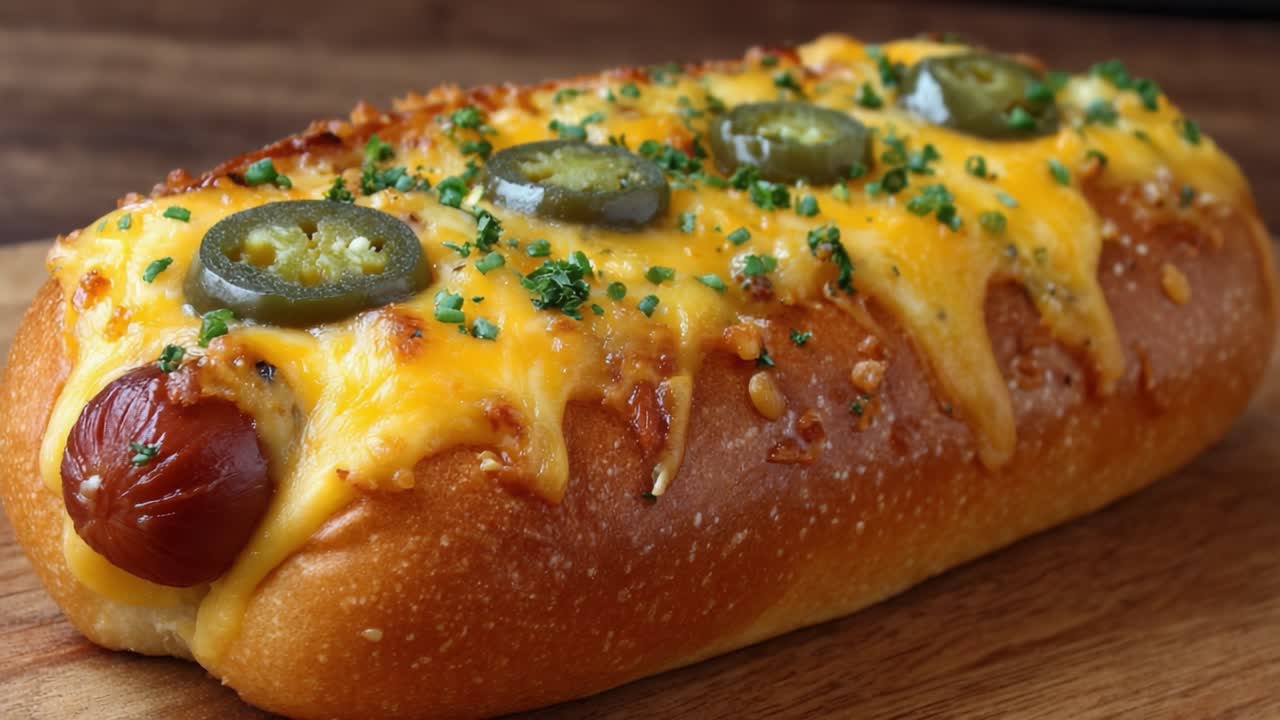 Delizioso hot dog al formaggio e jalapeño in un panino morbido, guarnito con formaggio fuso ed erba cipollina fresca, perfetto per uno spuntino veloce o una festa