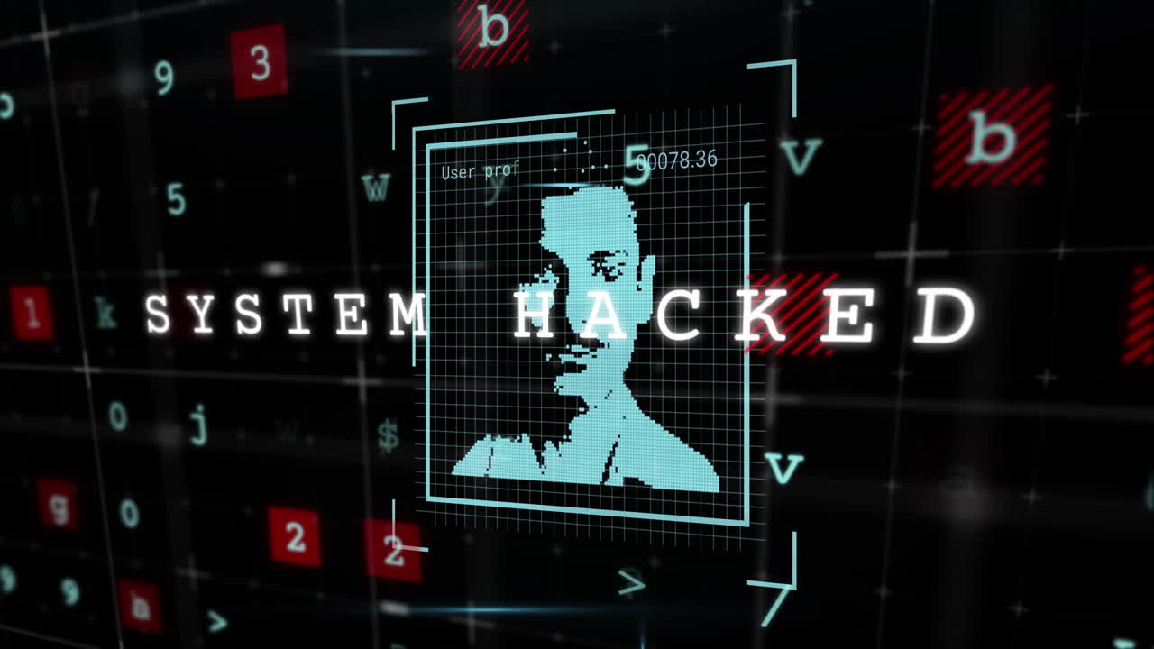 animazione di foto dell'utente, sistema hackerato e elaborazione dei dati su sfondo nero