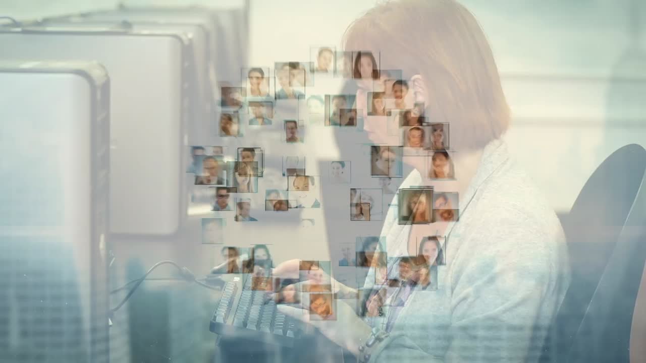 컴퓨터에서 일하는 백인 여성 교사에 대한 사용자 아이콘과의 연결의 애니메이션