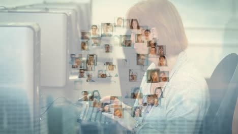 animación de conexiones con iconos de usuario sobre maestra caucásica trabajando en computadora