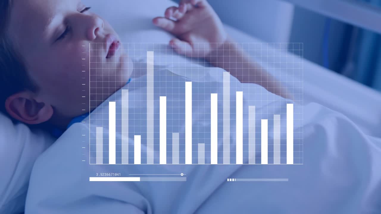 Boy lying on hospital bed, holographic bar-graph appearing over chest, monitoring vital metrics