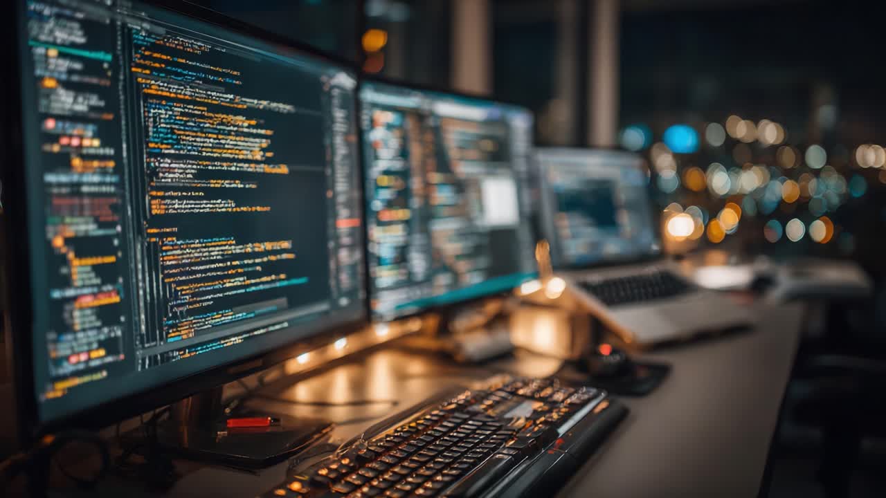 A Dedicated Tech Workspace Illuminated by Code: A Nighttime View of High-Resolution Monitors Featuring Complex Programming Tasks and a Keyboard in Focus