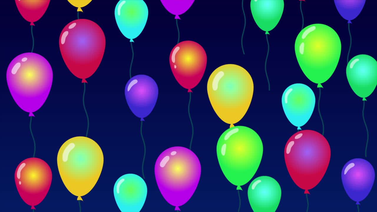 animación en bucle 2d de globos multicolores volando en fondo oscuro. concepto de diseño para tarjetas de felicitación de cumpleaños de vacaciones, decoración de festival, tarjeta de regalo. fiesta y celebración
