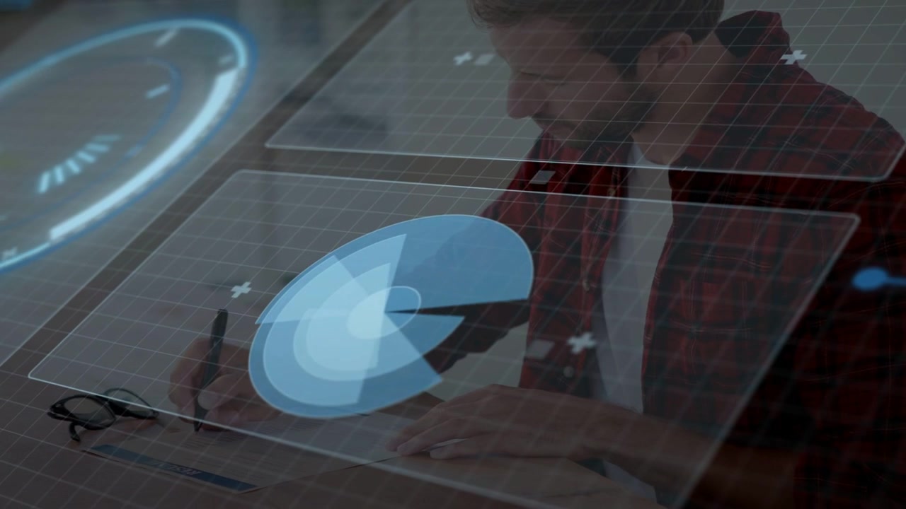 Tech pro leaning over clear surface, tapping stylus and rotating blue hologram UI for design