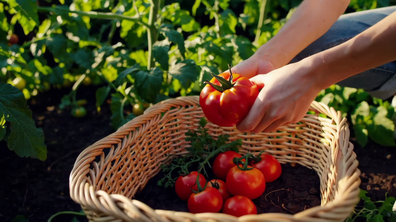 Woman Harvesting Tomatoes in a Garden