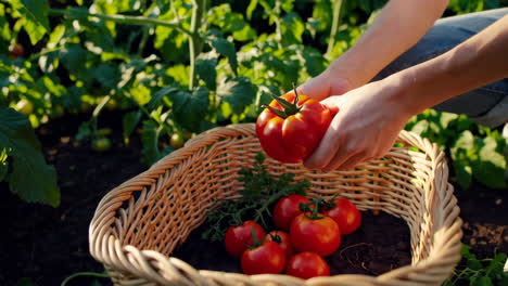Woman Harvesting Tomatoes in a Garden