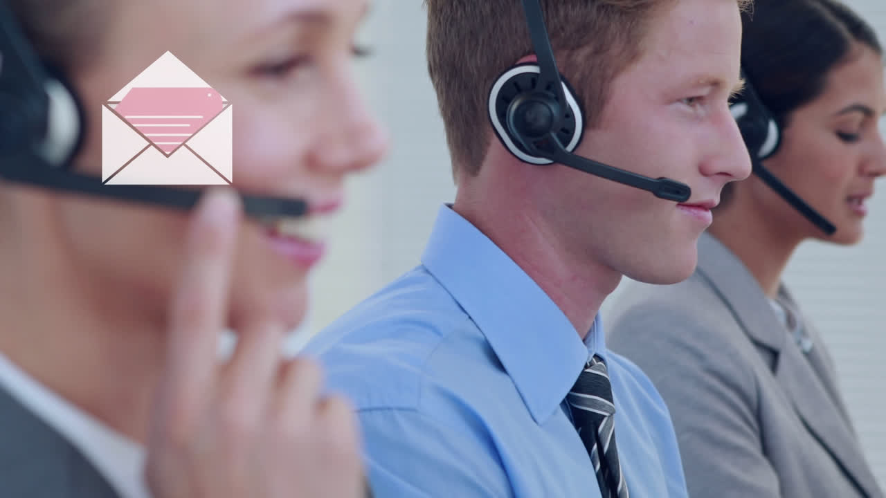 animación de iconos sobre personas de negocios que usan auriculares de teléfono