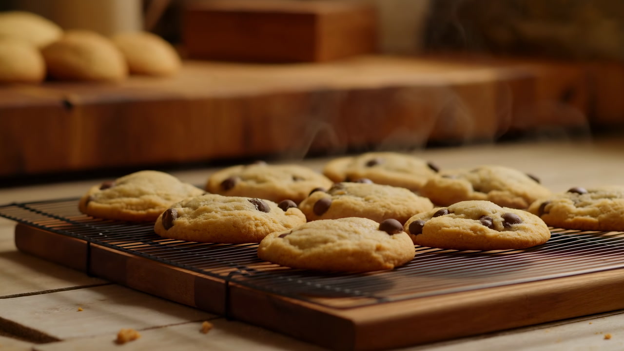Freshly Baked Chocolate Cookies Cooling On Wooden Board, Warm Steam Rising From Golden Cookies On Cooling