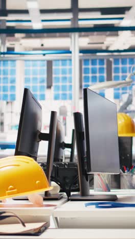 Vertical Video PC on desk in empty photovoltaics factory used for data analysis