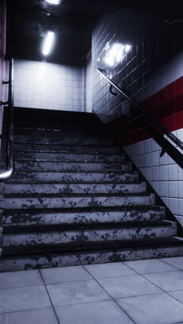 a dark staircase with tile walls and a metal handrail