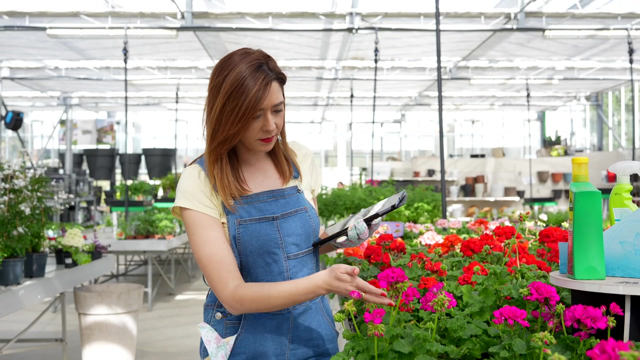 Giardiniera che usa un tablet digitale per ispezionare i fiori in serra