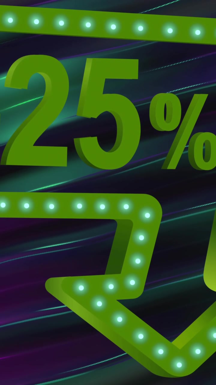 Animation of minus 25 percent with arrow pointing down in green over purple and green background
