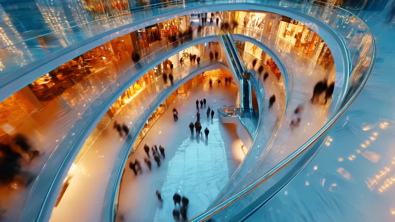 Aerial View of a Modern Shopping Mall's Multi-Level Walkway with Visitors and Vibrant Lighting Capturing the Excitement of a Busy Commercial Space