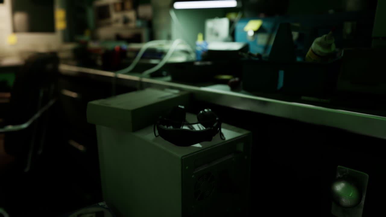 A pair of glasses rests on a desk in a dimly lit workspace at night