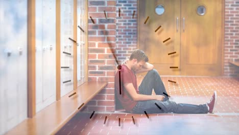 digital animation of upset male student sitting in corridor 4k