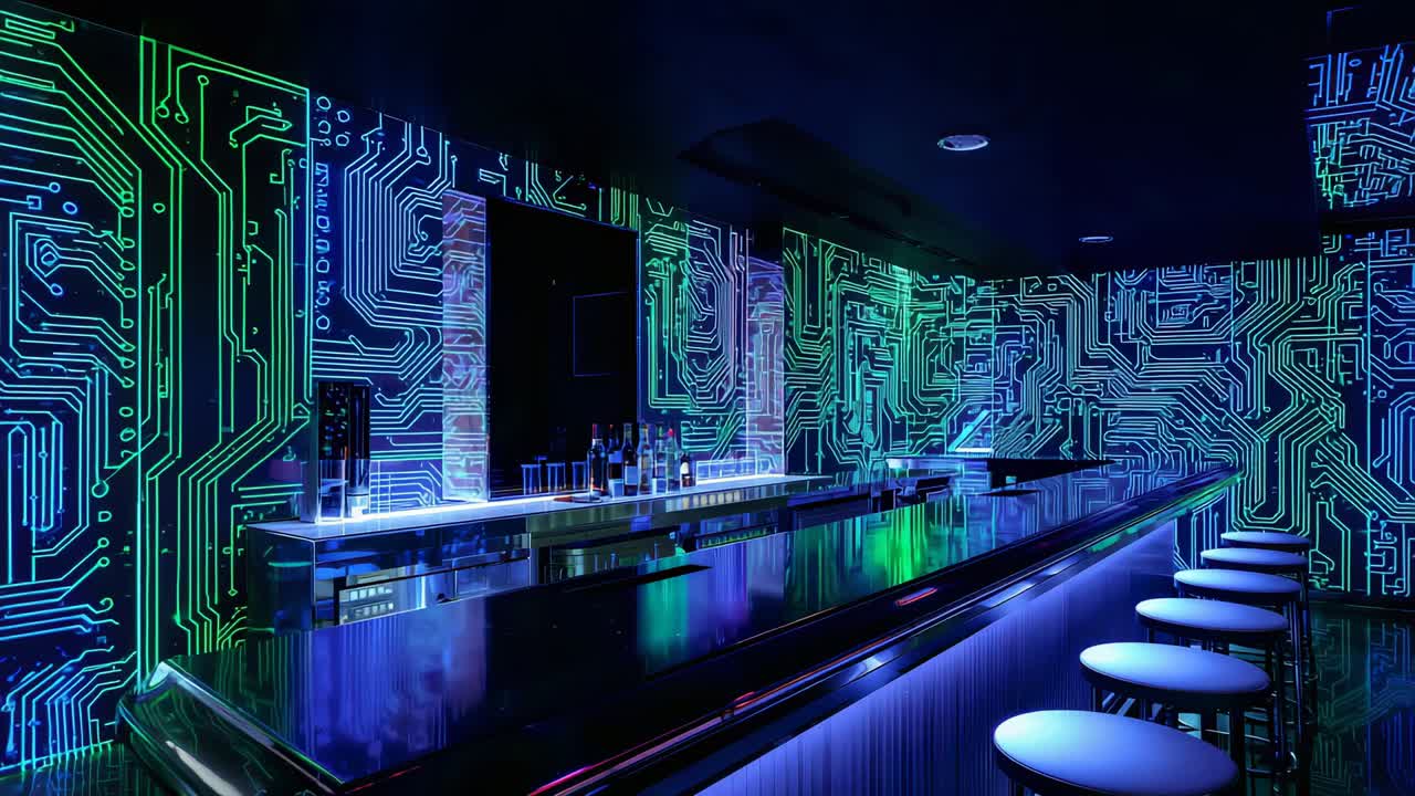 Pulsing LED light casting neon circuit over long shiny counter at lounge, showing bar with stools