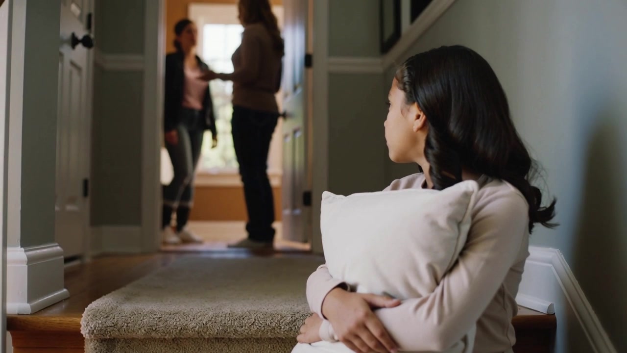 Sitting child hugging pillow, watching adults gesturing in hallway doorway at home, copy space